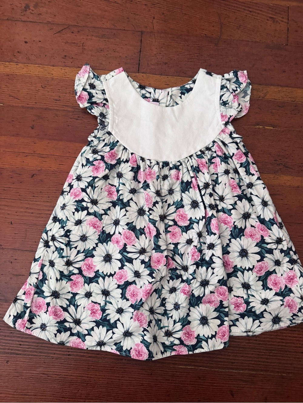 White Yoke Floral Girls Dress with Pink Rose Print